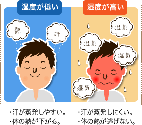 湿度が低いと汗が蒸発しやすい。湿度が高いと汗が蒸発しにくい。